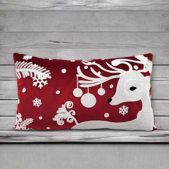 Christmas Pillow Cover Reindeer Decor Embroidered Xmas Holiday Accent Throw Case - Picture 1 of 7